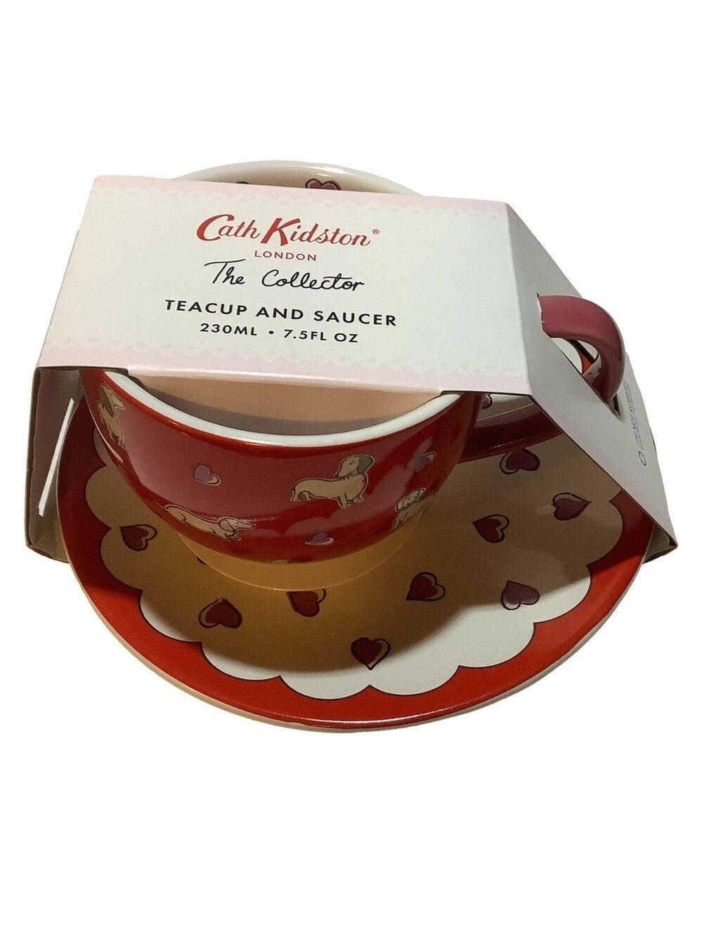 Cath Kidston Dachund Doxie Dog Hearts Teacup & Saucer New